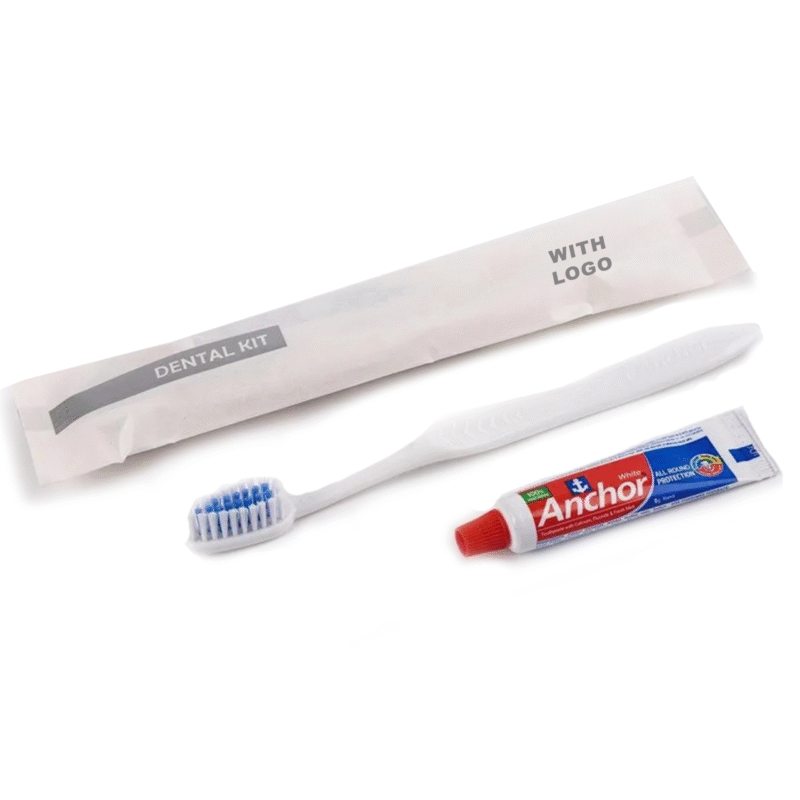 Dental Kit with 1 Toothpaste & 1 Toothbrushes, White Pouch Pack with Logo, Guest Amenities | Ideal for Hotels, Guest Houses, Airbnb, Spa, Hospitals.