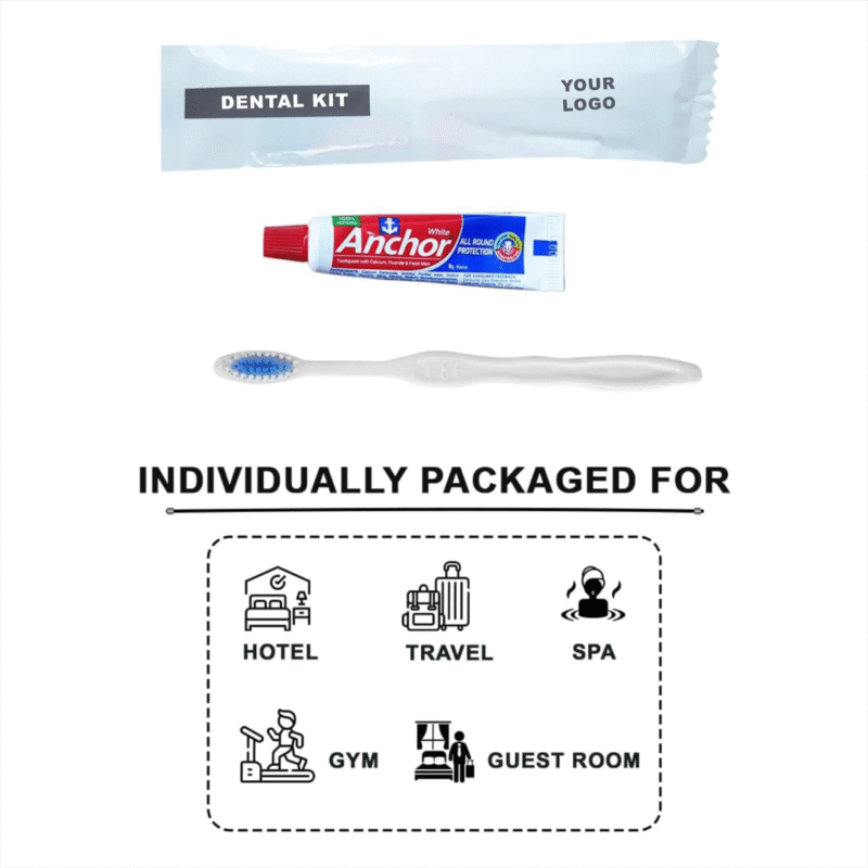 Dental Kit with 1 Toothpaste & 1 Toothbrushes, White Pouch Pack with Logo, Guest Amenities | Ideal for Hotels, Guest Houses, Airbnb, Spa, Hospitals.