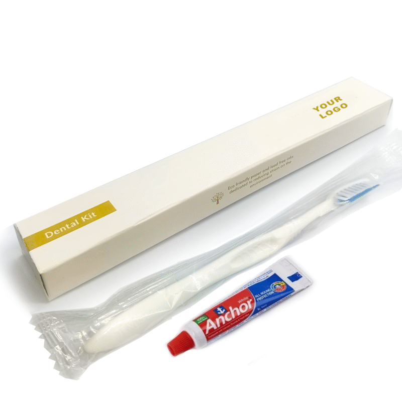 Dental Kit with1 Toothbrush & 1 Toothpaste 8 Grams Box Pack with Logo suitable for Hotels, Hospital and Travel.