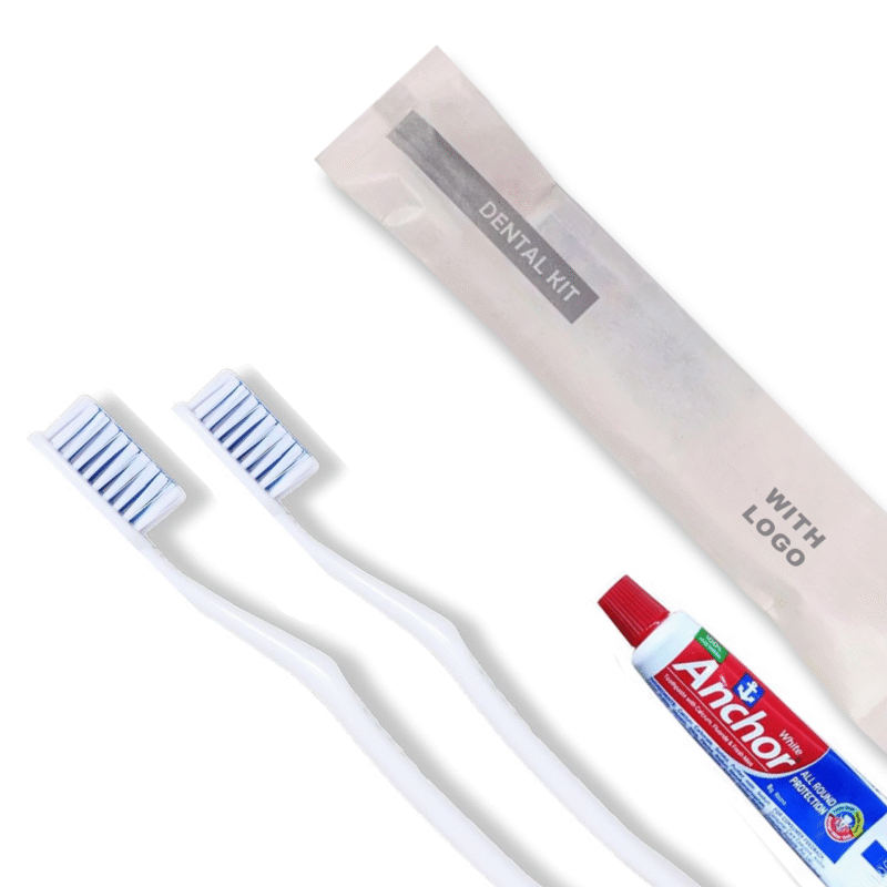 Couple Dental Kit with 2 Toothbrushes & 1 Toothpaste White Pouch Pack with Logo, Guest Amenities | Ideal for Hotels, Guest Houses, Airbnb, Spa, Hospitals.