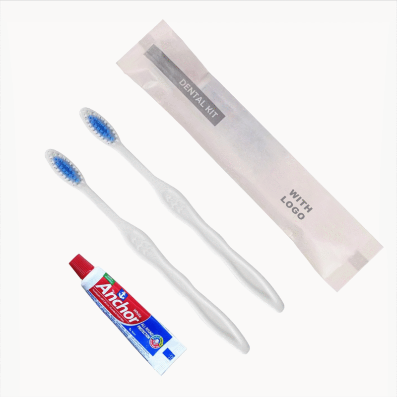 Couple Dental Kit with 2 Toothbrushes & 1 Toothpaste White Pouch Pack with Logo, Guest Amenities | Ideal for Hotels, Guest Houses, Airbnb, Spa, Hospitals.