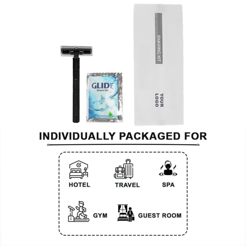 Shaving Kit with Smooth Shave Disposable Razor and Cream(4g), Bio Pack with Logo Toiletries Amenities for Hotel & Travel (Copy)