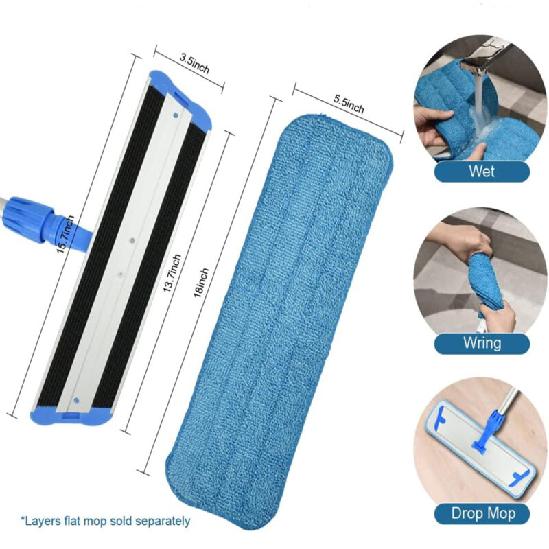 Professional Microfiber Mop 18" inch for Tile Floor Cleaning, Stainless Steel Handle - Reusable Flat Mop Pad