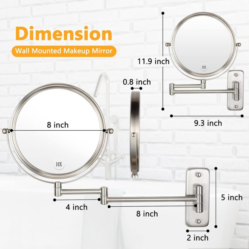 Magnifying Mirror 8" Inch, Wall Mount 1X/5X Double-Sided Makeup Mirror with Extendable Folding Arm, 360° Rotation, Perfect for Shaving & Makeup in Bathroom, No Light
