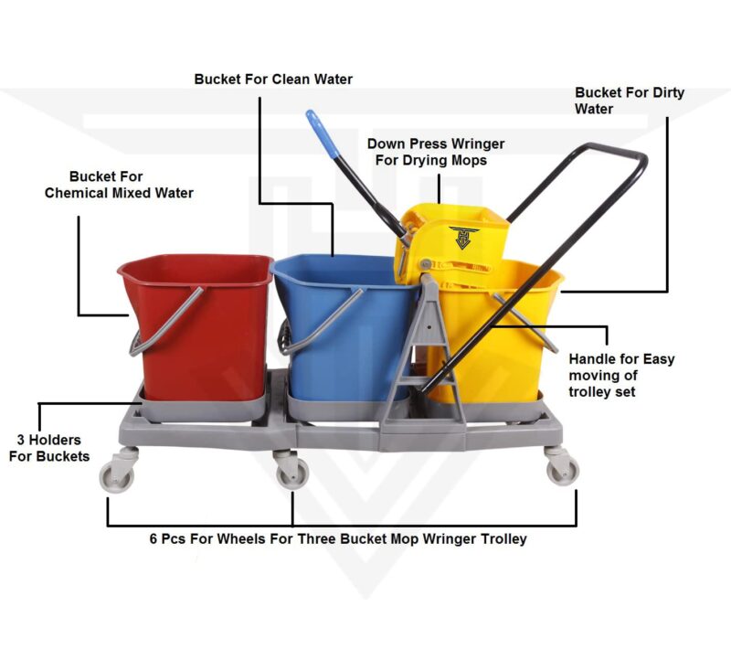 Three Bucket Mop Wringer Trolley (60 LTR).