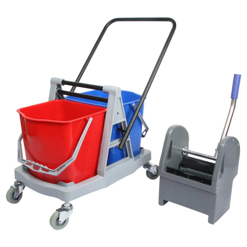 Double Bucket Mop Wringer Trolley | HDPE Plastic Material with Check Duster Cloth | 40 Ltr.
